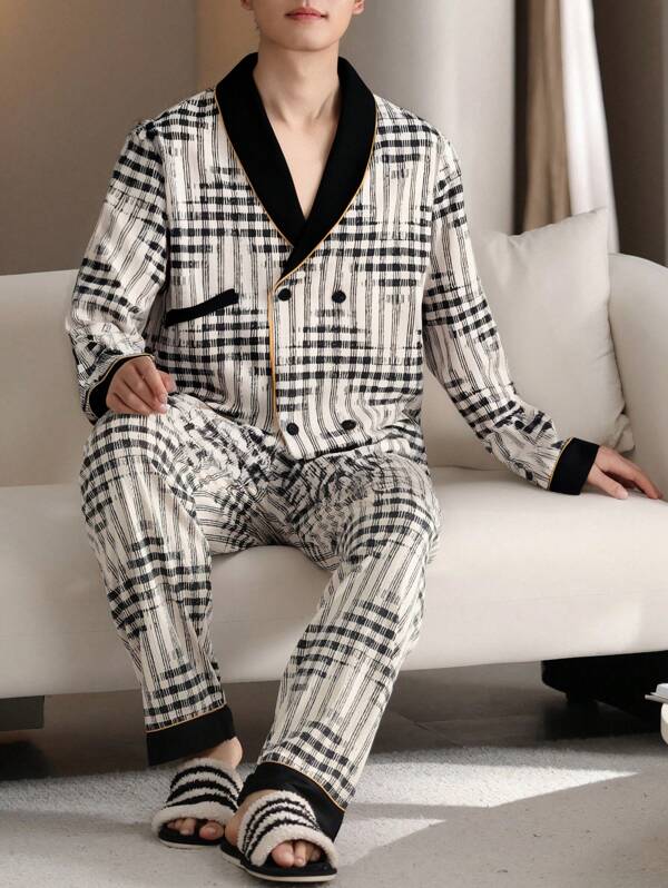 2 piezas Conjunto de pijama para hombre, camisa de manga larga con cuello en V y estampado a cuadros, y pantalón clásico y cómodo a cuadros, conjunto de pijama casual y de moda