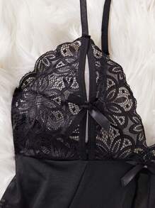 2-Piece Women's Black,Bow Decoration,Split,Sheer&Backless,Lace Patchwork Mesh,Mature Charm,Summer Babydoll,Sexy Lingerie Dress Sexy Lingerie Set For Going Out