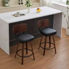 Set Of 2 Swivel Bar Stools, 26" Upholstered Faux Leather Counter Height Barstools With Walnut Back & Bentwood Legs, Mid Century Modern Bar Chairs Island Stools For Kitchen Counter - màu đen - Xem 10