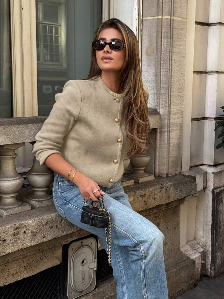 ملابس علوية نسائية كاجوال من القطن مزركشة بأزرار للياقة دائرية لفصل الخريف، مناسبة للعمل والمكتب