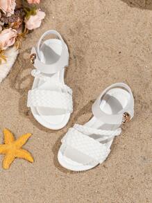 1 Pair Girls Woven Design Flat Sandals, Round Toe Hook And Loop Closure Comfortable Cute Fashion Suitable For Outdoor, Beach Wear In Summer
