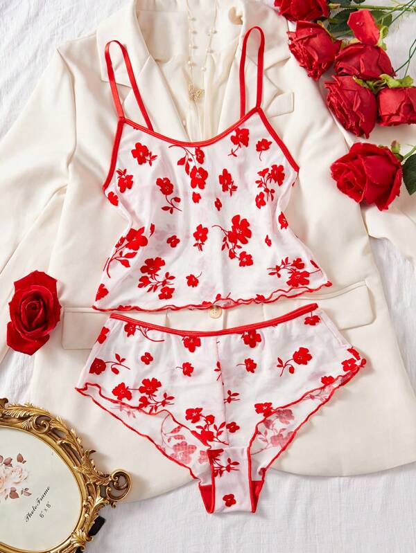 2pcs Women's Sexy Lingerie Set, Red Mesh Floral Flocked Print Camisole & High-Waist Sheer Panty, Wireless Bra, Romantic Bedroom Seduction