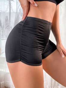 女式黑色褶皱设计时尚简约运动休闲高腰舒适男孩短裤 - 黑色 - 查看 2