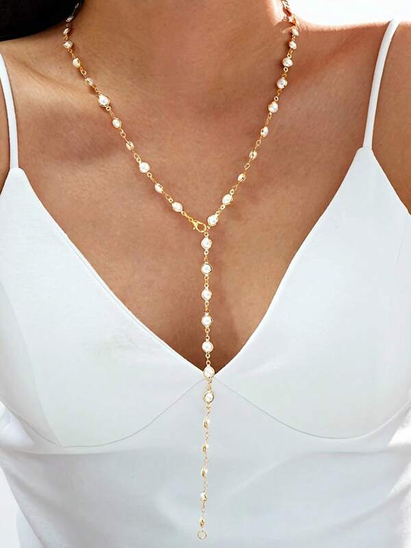1pc Metal Long Necklace, Cross Faux Pearl Tassel Long Necklace, Simple Long Pendant Necklace Suitable For Women Daily Wear
