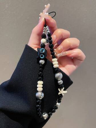 [Handcrafted Black Cat Charm] 1pc Universal Black Cat Beaded Phone Charm - Handcrafted Keychain Accessory With Blue-Eyed Cat Pendant And Clear Clip For Women
