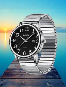 BIDEN Retro Fashion Wrist Watch, Unisex, Quartz Analog, Suitable For Middle-Aged And Elderly, Large Arabic Numeral Dial, Auto Date Display, Waterproof, Elastic Adjustable Strap - Black - View 1