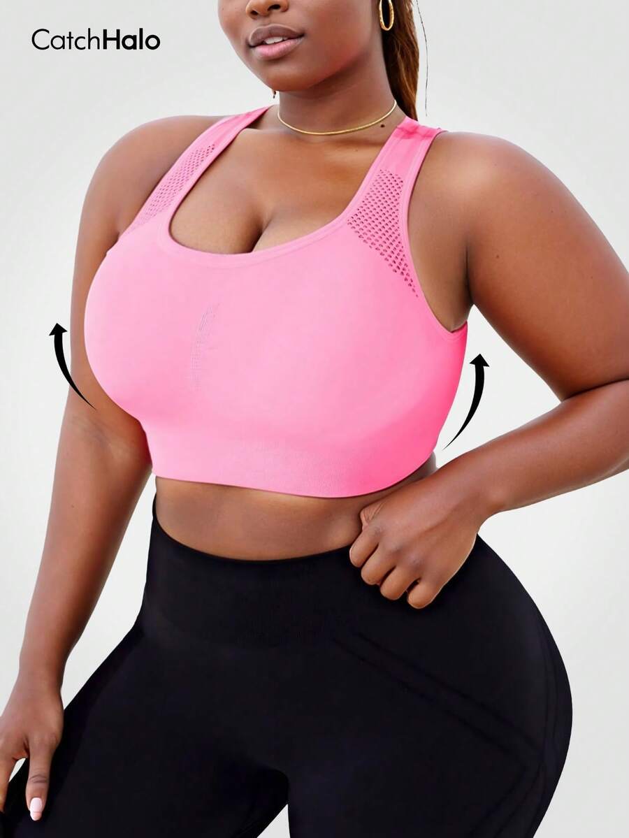 1PC Plus Size Crisscross Back Sports Bra, Bright Pink Cutout Removable Pads Medium Support, High Elastic Soft, Gym Yoga Daily, Women's Athleisure Bra - 玫紅色 - 查看 1