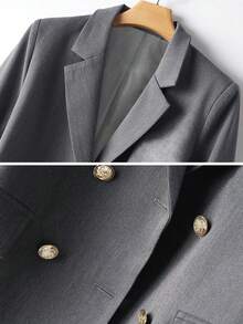 女式高品质 TR 斜纹布学院风双排扣长袖西装外套和百褶迷你裙套装 - 灰色 - 查看 4