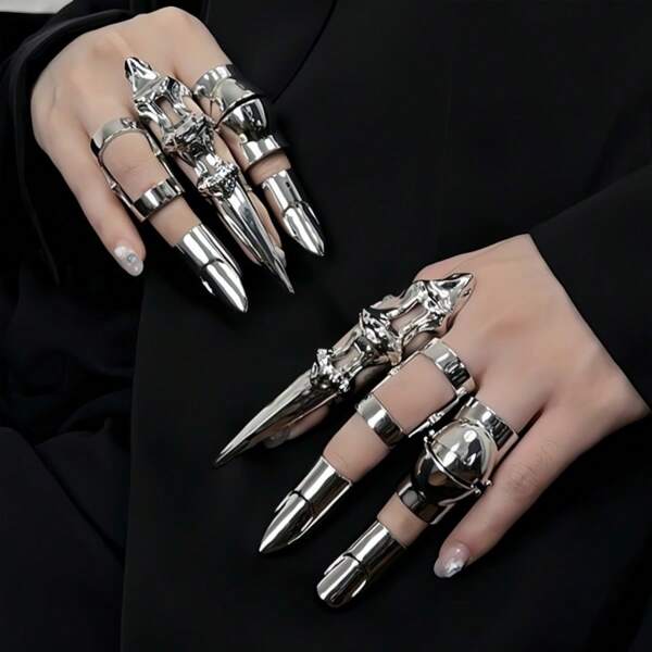 1/2pcs Adjustable Stainless Steel Mechanical Wolf Claw Finger Joint Armor Rings, Geometric Curved Talon Accessories For Daily Wear, Photography Props