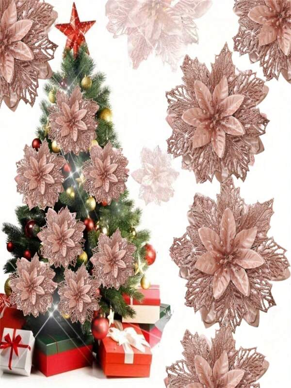 10pcs Festive Artificial Flowers, Sparkling Decorations For Christmas Trees, Homes And Parties - No Electricity Required, Fewer Feathers, Perfect For Christmas, Autumn And Winter Decorations