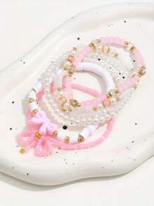 Conjunto de pulseiras de contas de vidro da série rosa, 6 peças, pérolas falsas, argila macia, feitas à mão, com posicionamento e empilhamento, laço fofo, sexy e versátil para férias Y2K
