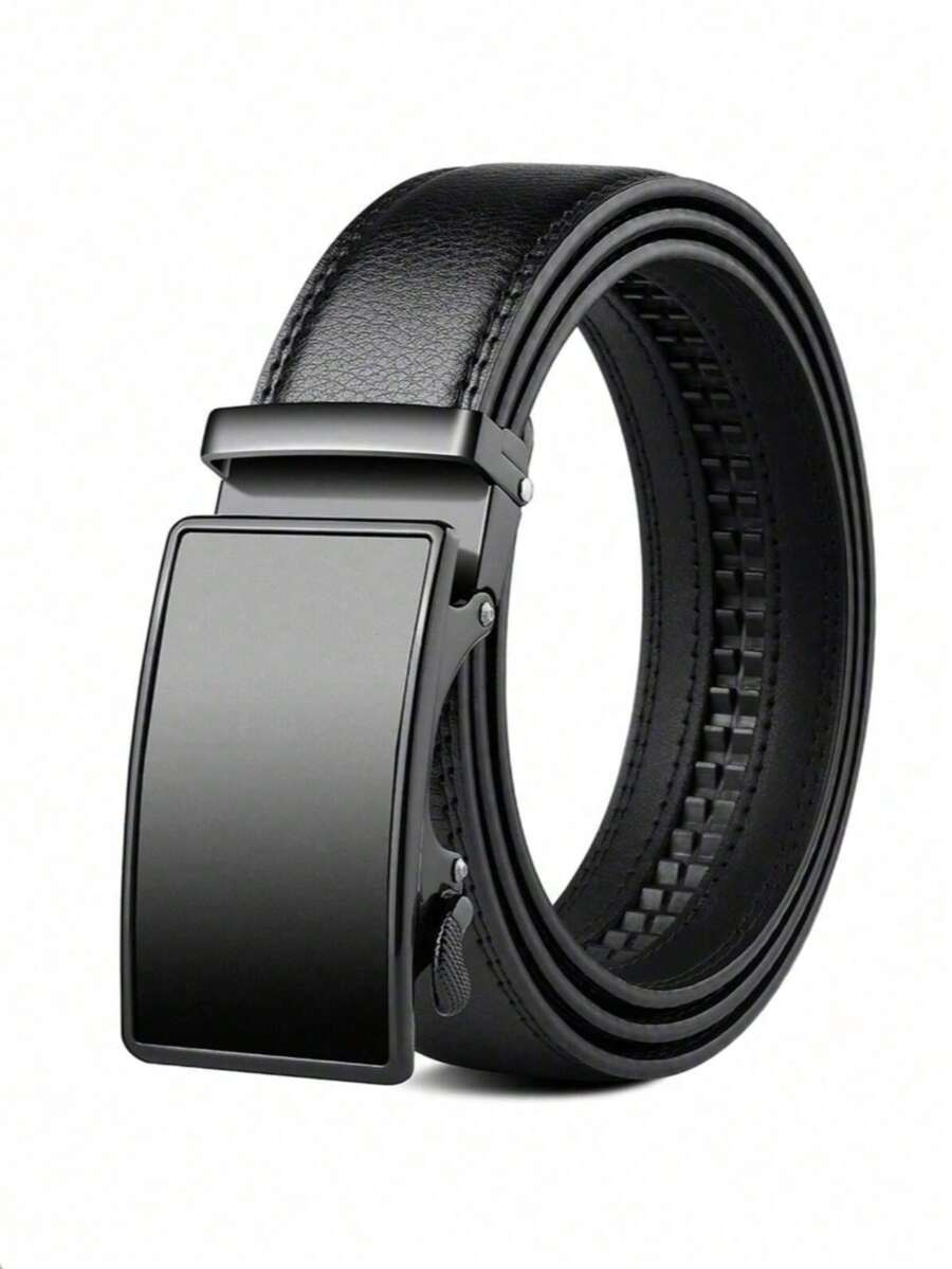 Men's Ratchet Genuine Leather Dress Belt, Black Color Suitable For Suits, American Design, Stylish Men's Short Tail Belt, Fits All Occasions, Formal, Pants Summer, School Casual, Business, Boyfriend Husband Father Dad Men Gift, Daily Wear, Fashion, Teen, Outdoor, Vacation, Athletic, Travel, Street, Boho, Vintage Fall, Autumn, Halloween Autumn-Winter Accessories,Suitable For Teens, Youth,Men,Casual, Outdoor, Athletic, Vacation, Graduation Gifts, Birthday, Daily Wear - Black - View 1