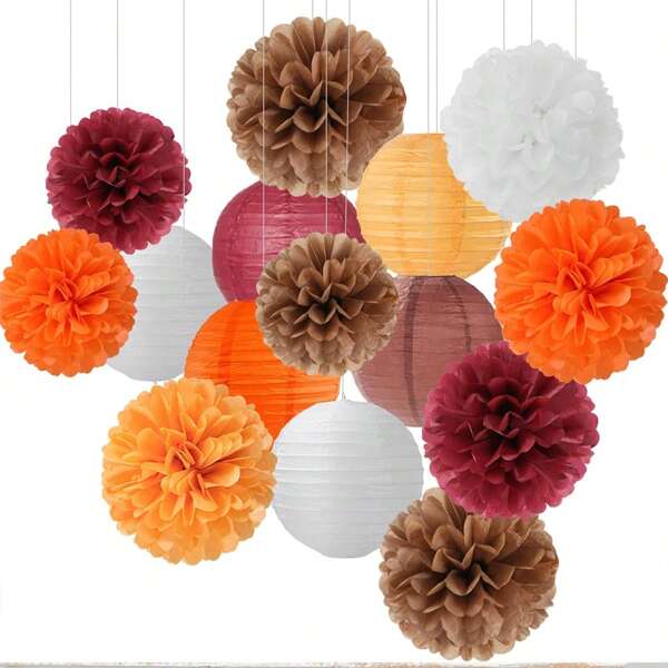 1 Set=15pcs Holiday Party Decorations Paper Flower Balls, Tissue Paper Pom Poms, Paper Lanterns, Ceiling/Yard Hanging Decors, Boho Style Earthy Tones, Suitable For Autumn Harvest, Halloween Purple, Birthday, Anniversary, Wedding (Excluding Lights)