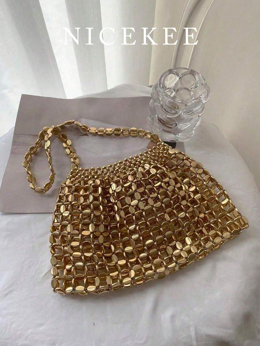 Sac à main de soirée en or métallique brillant et ajouré, perlé, de luxe, élégant et glamour, parfait pour une fête, un mariage, un bal de promo ou un dîner/banquet, pour les jeunes filles, les femmes et les mariées - Doré - Voir 1