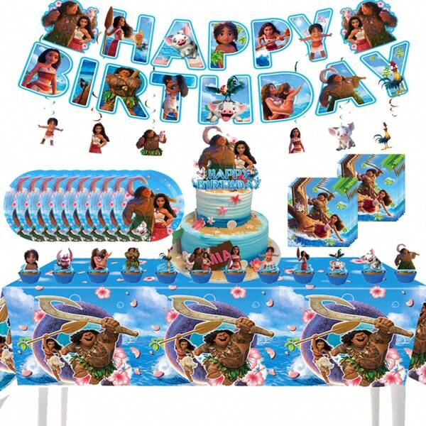 Disney Moana 2 Princess Theme Birthday Party Supplies Decorations Tablewear With Tablecloth(108*180cm),Napkins,7 Inch Plates Cake Topper Cupcake Topper,Banner,Hang Swirls For Birthday Party