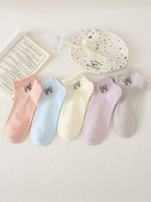 5/10 par krótkich skarpetek zdobionych kokardką, koronkowe wykończenie, śliczne skarpetki do kostki z niskim wycięciem, miękkie, oddychające, modne skarpetki żeglarskie, odpowiednie do codziennego noszenia, latem i jesienią