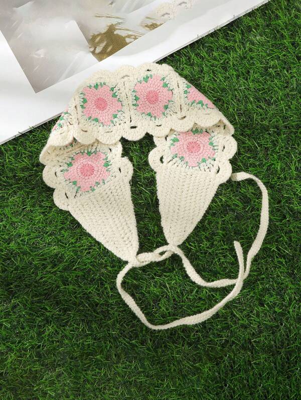 1pc Handcrafted Crochet Cherry Blossom Headband - Sweet Lace-Up Braided Bandana, All-Match Floral Hair Accessory For Women, Vintage Style With Pink And White Flowers, Cute Hair Accessory | Laceup Headband | Crocheted Flowers, Hair Accessories Fashion Hair Accessories Classic Hair Bands