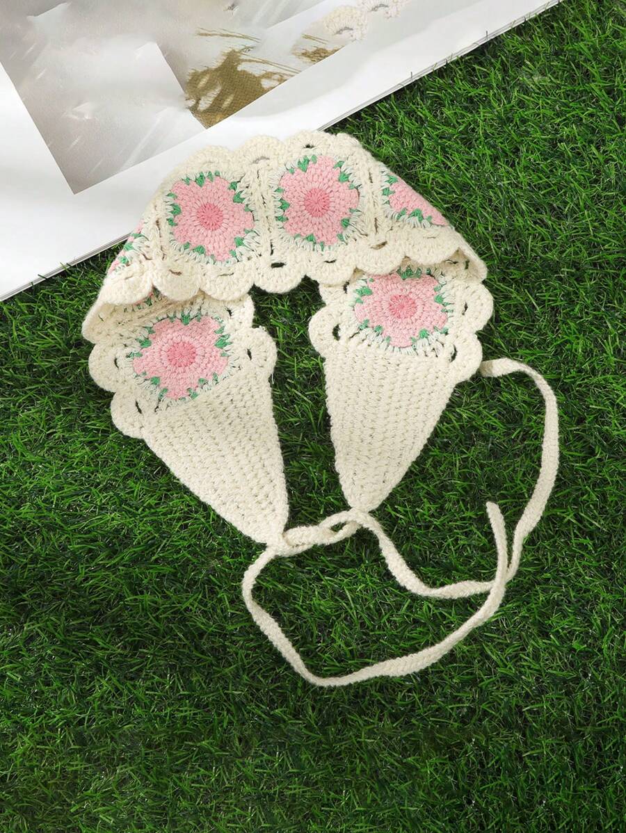 1pc Handcrafted Crochet Cherry Blossom Headband - Sweet Lace-Up Braided Bandana, All-Match Floral Hair Accessory For Women, Vintage Style With Pink And White Flowers, Cute Hair Accessory | Laceup Headband | Crocheted Flowers, Hair Accessories Fashion Hair Accessories Classic Hair Bands