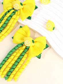 2 件柠檬色 Korker 蝴蝶结，适合女孩卷曲黄绿色罗缎丝带蝴蝶结鳄鱼夹，可爱柠檬闪光风车蝴蝶结发夹，可爱水果蝴蝶结发夹，青少年发饰 - 黃色 - 查看 3