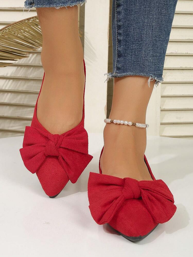 2025 Nuevos zapatos casuales planos para mujer, con punta puntiaguda y suela de goma, decoración de moño, color negro, versátiles para el trabajo - Rojo - Añade 2