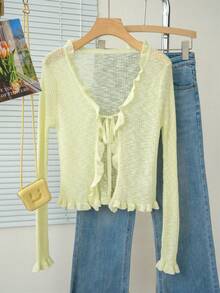 女士休闲V领修身短袖薄针织开衫，配系带腰带，绿色荷叶边，春夏款