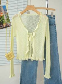 Women Casual V-Neck Slim Fit Short Sleeve Thin Knit Cardigan With Tie Belt, Green Ruffle Trim, Spring & Summer