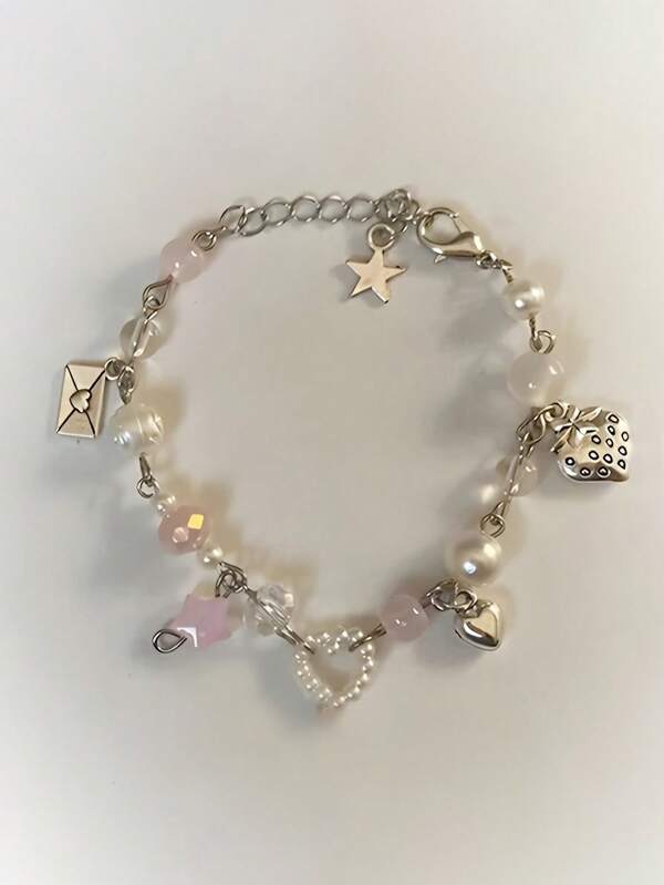 1pc Sweet & Cool Pink Star, Pearl, Heart, Strawberry Envelope Pendant Chain Bracelet, Women Everyday Party Valentine Couple Gifts