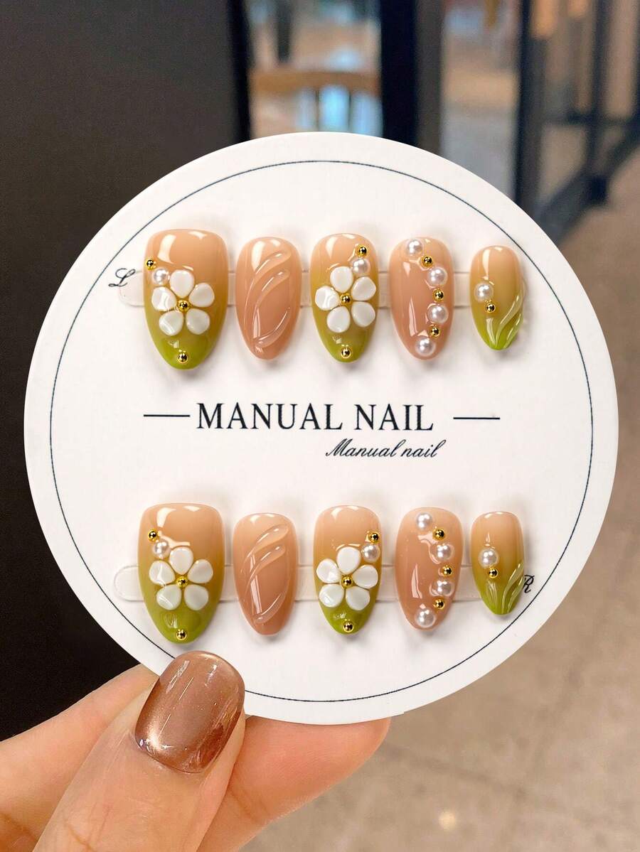 JUTI 10 件 Y2K 按压式指甲 | 3D 白色花朵和仿珍珠细节 | 适合日常和派对的优雅假指甲 | 适合日常、派对的优雅假指甲 | 女士和女孩的礼物，美甲配件美甲用品指甲 - 彩色 - 查看 1