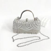 Metal Top Handle Tassel Evening Banquet Bag Rhinestone Glitter Box Handbag Crossbody Bag Large Capacity Ladies Clutch Bag Party - Silver - View 3