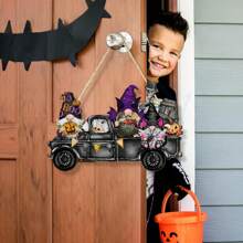 Halloween Tür-Dekoration Willkommens-Hängeschild, Frohe Halloween Veranda Schild Kranz Dekoration, Zwerg Lastwagen Holz Türschild für Haus Fenster Wand Dekoration