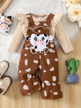 Baby Girl Round Neck Cap Sleeve Apricot Color Jumpsuit + White & Coffee Cow Print Cartoon Embroidered Adjustable Button Bodysuit