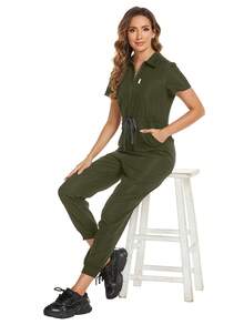 Zipper Front Tie-Waist Casual Nursing Jumpsuit