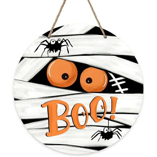 Halloween Horror Mummy Front Door Sign, Scary Spider Boo Wood Hanger Outdoor Outside Porch Home Decor, Creepy Wooden Wreath Indoor Wall Hanging Decoration Halloween Decor Fall Decor Room Decor
