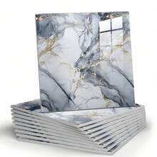 10片/0.9平方米蓝金色仿大理石瓷砖贴纸防水墙面装饰贴纸自粘翻新铝复合板厨房配件厨房房间装饰墙纸墙贴 - 霧霾藍 - 查看 1