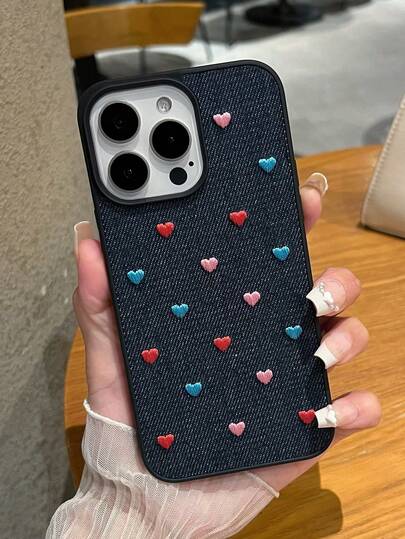 1 Stück Jeans-Textur buntes Herz gesticktes stoßfestes Handy-Hülle mit dickem Rand, kompatibel mit Samsung/Smartphones, internationale Version, nicht die inländische Version