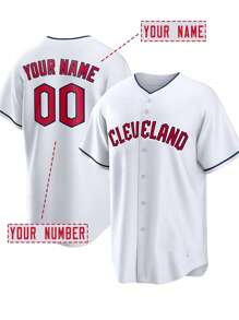 Personalisiertes Namen- und Nummern-Herren Baseball Trikot, Cleveland Weiß V-Ausschnitt, personalisiertes kurzärmeliges Knopfhemd für Partys, Spiele, Training, Sportbekleidung, Größen S-XXL