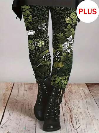 Women Floral Print Leggings, Geometric Leaf & Flower Pattern High Waist Skinny Long Pants, Knitted Fabric Plus Size