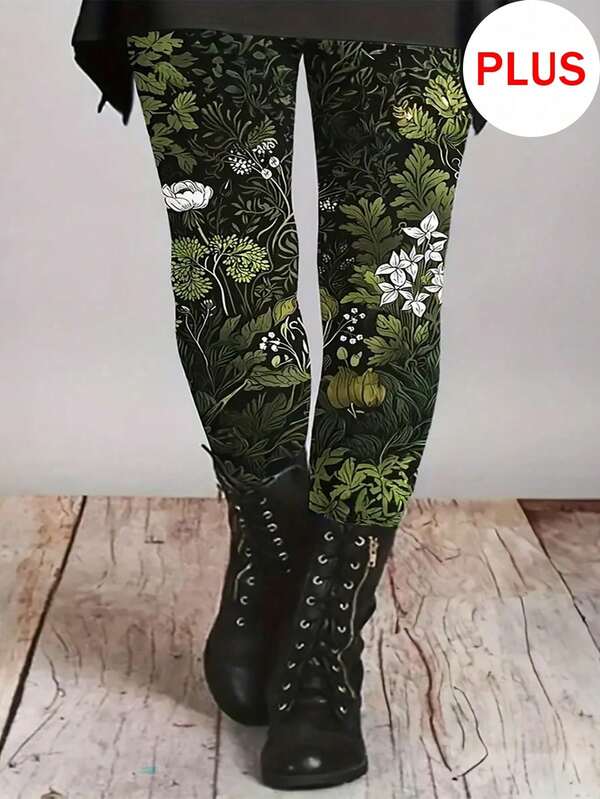 Women Floral Print Leggings, Geometric Leaf & Flower Pattern High Waist Skinny Long Pants, Knitted Fabric Plus Size