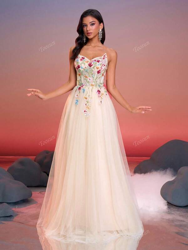 Women's Floral Embroidered Strapless Mesh Hem Formal Evening Gown