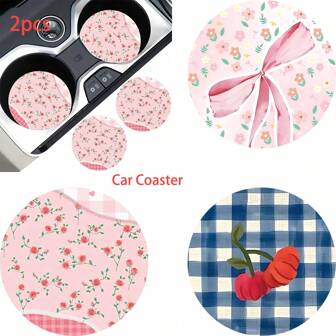 2pcs Bow Flower Leopard Pattern Car Cup Coaster Stylish & Durable Fast-Drying Non-Slip Car Cup Mat