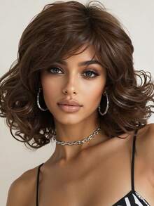 优雅蓬松复古卷发棕色亮点 12 英寸短卷发假发带刘海，编织合成假发，适合女士日常和节日佩戴 - 棕色 - 查看 1