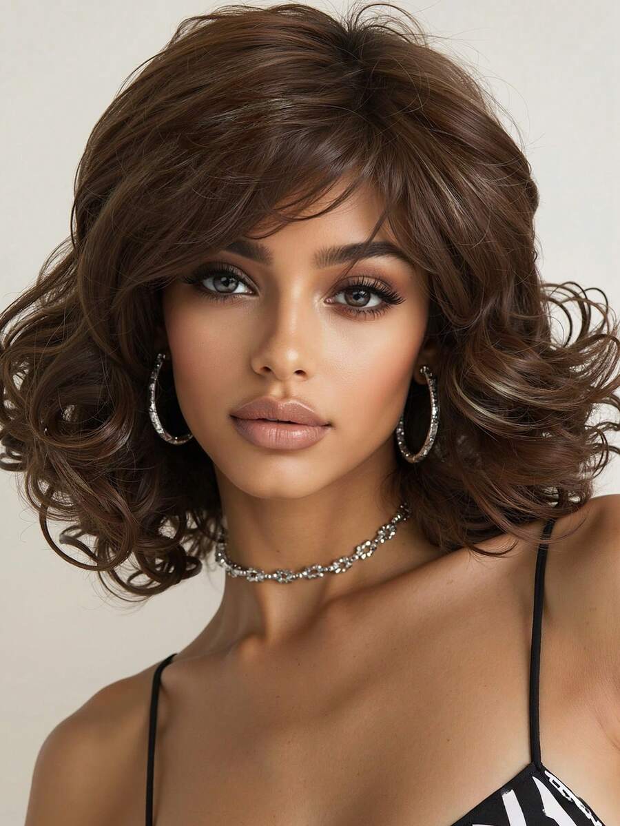 优雅蓬松复古卷发棕色亮点 12 英寸短卷发假发带刘海，编织合成假发，适合女士日常和节日佩戴 - 棕色 - 查看 1