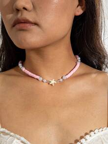 imoli 1 件海滩/度假风格软陶瓷串珠、海星和珍珠项链，彩色设计适合海滩、旅行、日常佩戴