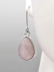 1 Pair Vintage Silver-Tone Inlaid Natural Quartz Teardrop Dangle Earrings