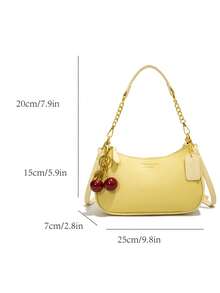 新款时尚经典百搭字母图案装饰纯色防水PU材质单肩包、月牙包、腋下包，适合购物，可斜挎。饰有樱桃吊坠，夏季月牙包，适合海滩度假、返校季，女士钱包。