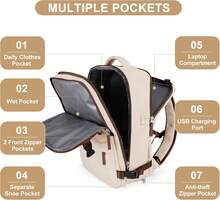 Large Travel Backpack Carry On Flight Approved Mochila De Viaje Personal Item Travel Bag Backpacks For Men Women Carry On Backpack For Airplanes 18x14x8 Inches Travel Bag Beige With Brown - 米色 - 查看 6
