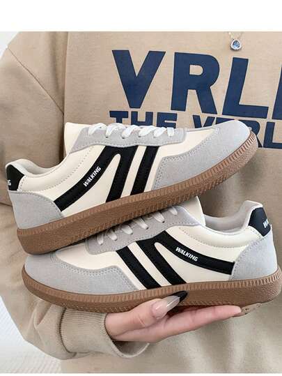 女士多功能时尚休闲鞋，平底防滑系带圆头橡胶底休闲运动鞋，黑色和卡其色拼色，日常搭配，舒适休闲鞋尺码 36-41，时尚