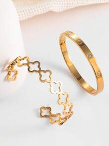 2pcs/Set Simple Floral Stainless Steel Vacuum Plated Non-Fading Bracelet, Suitable For Women's Daily Wear