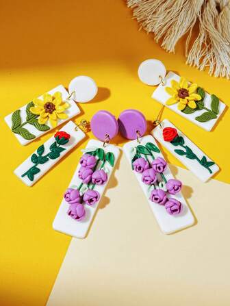Sweet 3D Rose Flower Sunflower Handmade Polymer Clay Dangle Earrings For Women Flower Clay Drop Earrings For Jewelry Party Gifts