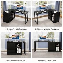 Tribesigns L-Shaped Computer Desk With Drawers And Shelves, Reversible Corner Office Desk With Storage Cabinet, Modern Study Writing Table For Home Office, Bedroom - màu đen - Xem 9
